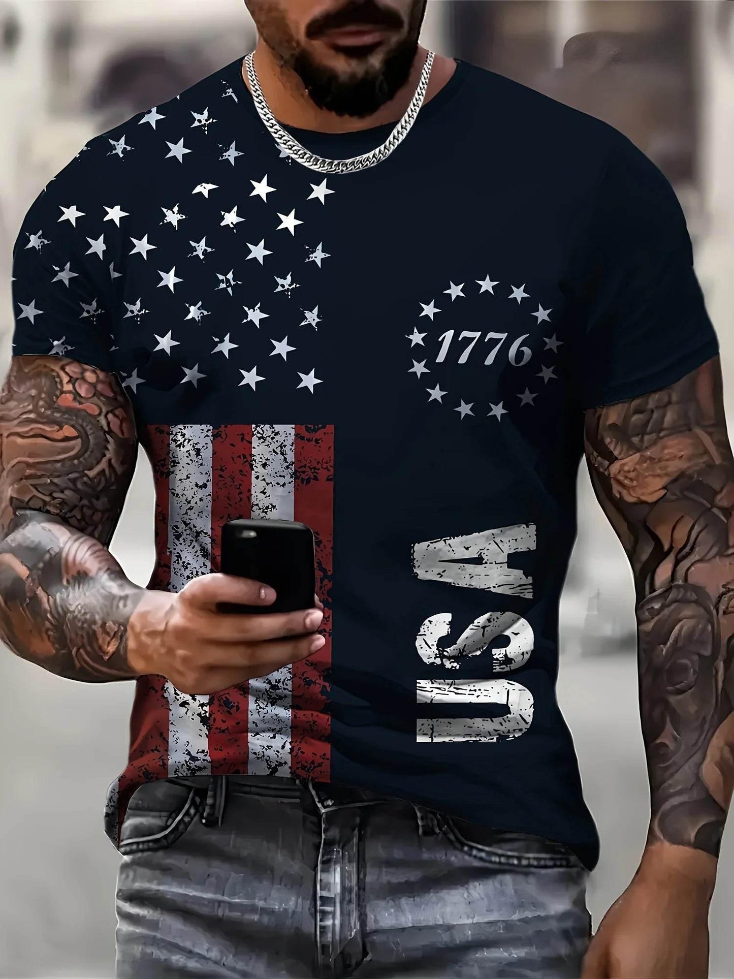 VintageT-Shirt For Men American Flag Graphic T Shirts 1776 Print Tees Short Sleeve T Shirts Outdoor Oversized Men's Clothing Top - Empire P.E