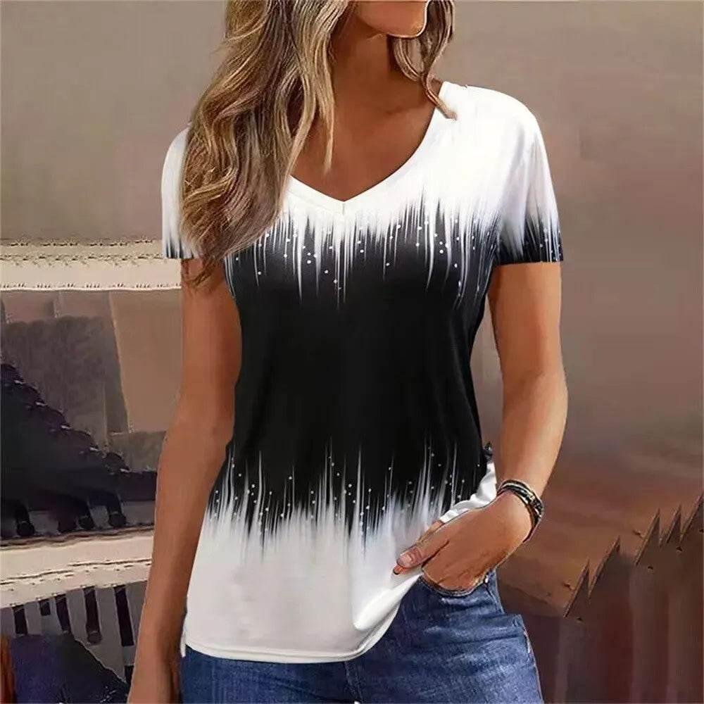 Women's T-Shirt Summer Stripe Short Sleeve Tee Shirt Fashion Blue V-Neck Female Clothing Casual New T-Shirt for Women Pullover - Empire P.E
