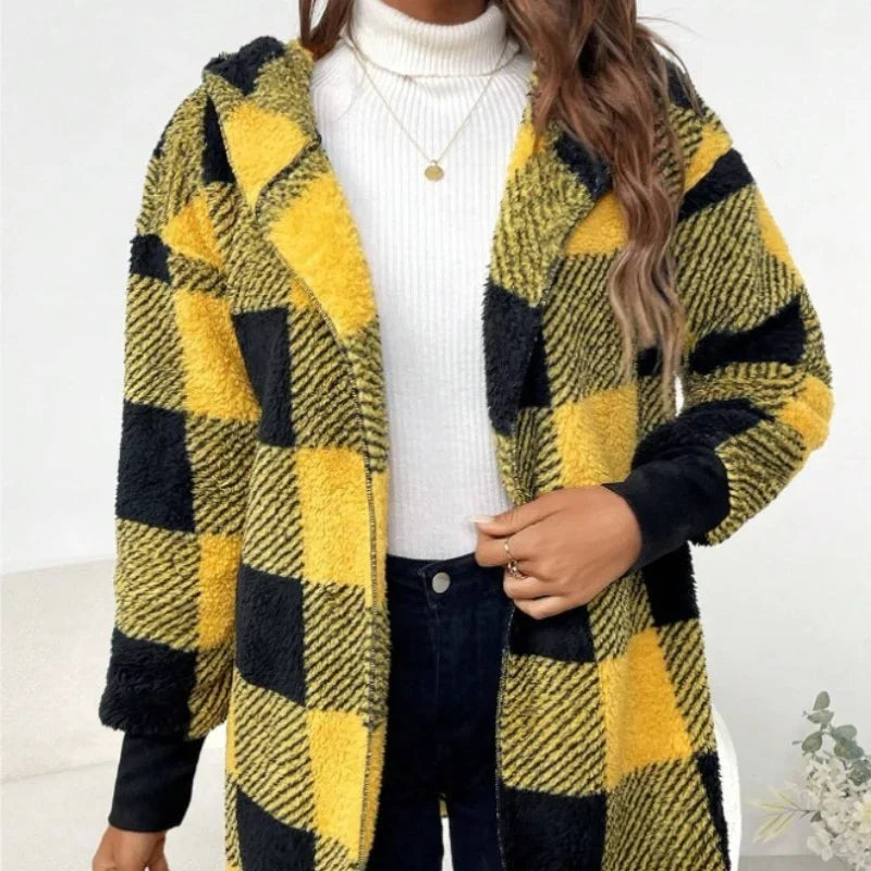 Women Autumn Winter Double Fleece Plaid Outerwear Coat