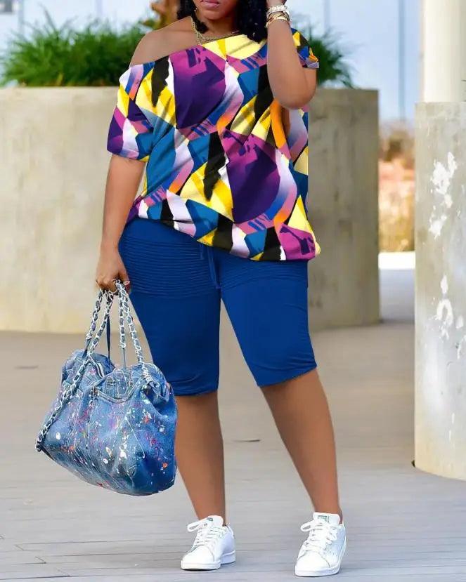 Womens Two Piece Sets Outfit Melting Colors All Over Print Skew Neck Top & Shorts Set New Fashion 2023 Summer Casual Female Suit - Empire P.E