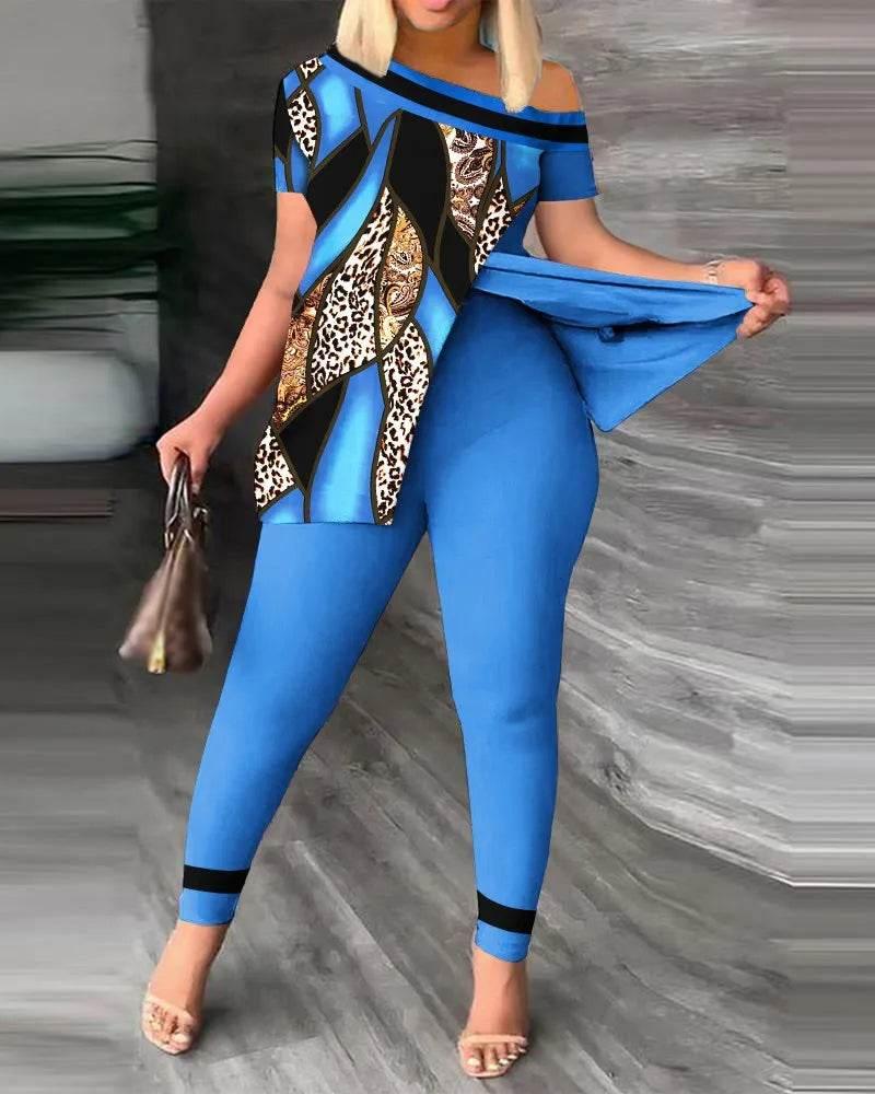 Elegant Women Two Piece Set Suits New Fashion Printed Ruffle Sleeve Top Solid Color Pants Set With Belt Blouses Female Clothing - Empire P.E