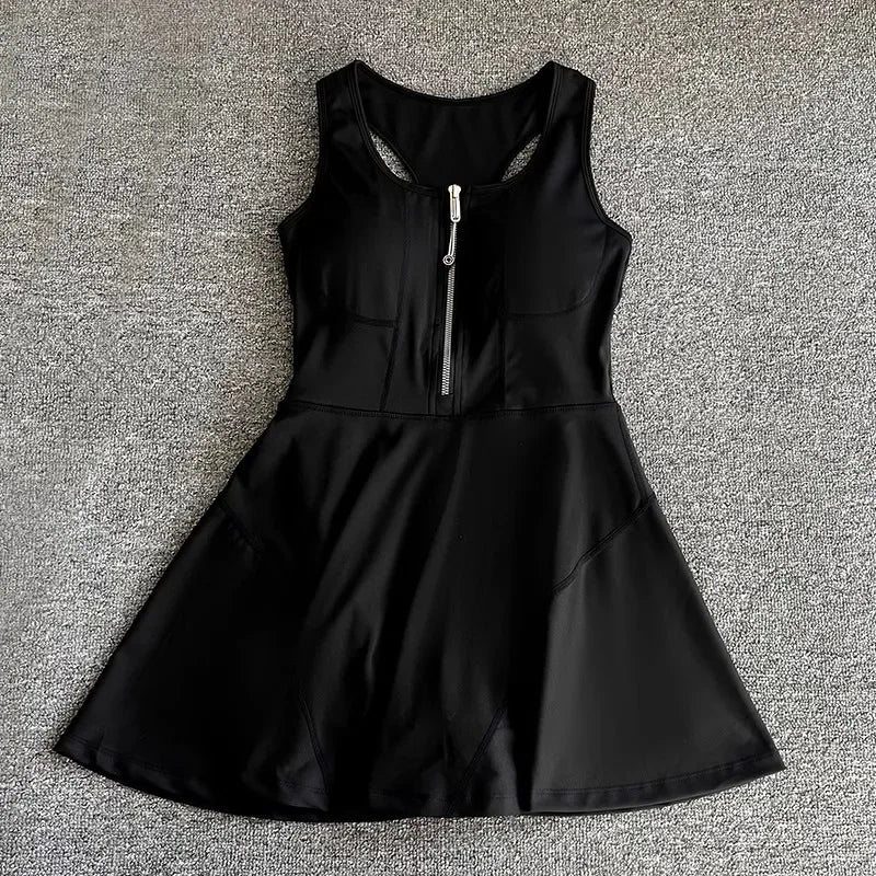 Tennis Skirt Casual Half Zipper Sports Fitness Dress Anti-Running High Waist Slim Golf Yoga Dress - Empire P.E