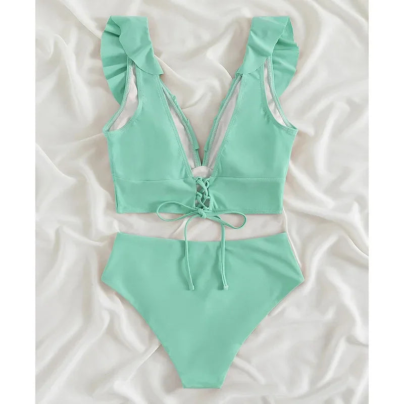 Riseado High Waist Bikinis Set Ruffle Shoulder Sexy Plunging Swimwear Women Bathing Suit Summer Beachwear - Empire P.E