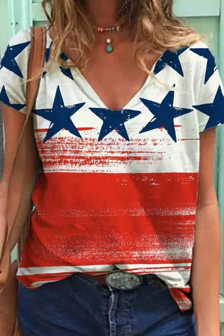 Fashion Women's T Shirt USA Flag Print Harajuku T-shirt Summer 2023 Top Kawaii Tees V Neck Pluse Size American Lady Y2k Clothing - Empire P.E