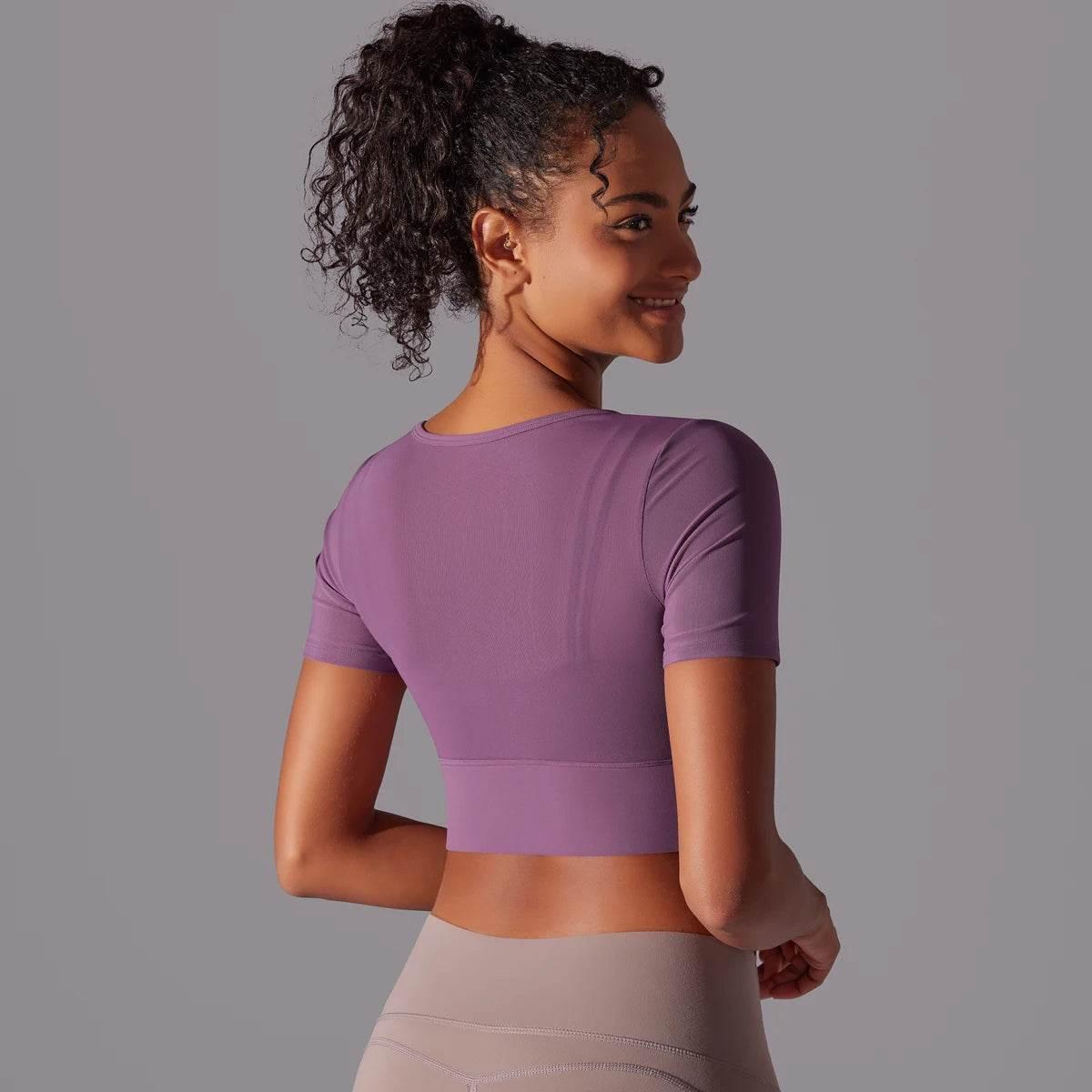 Solid Color Yoga Short Sleeve Sexy Double Layer Yoga Tank Top Spliced Mesh Yoga Clothing Top Fitness Running Sports Bra Women - Empire P.E