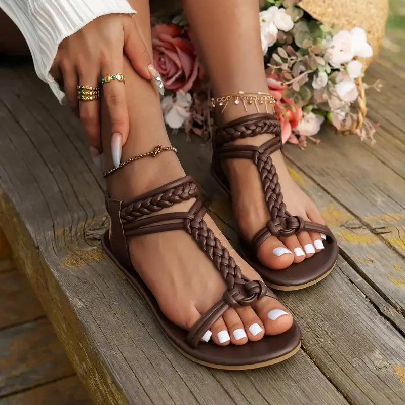 Fashion Weaving Roman Sandals for Women 2024 Summer New T-Strap Flat Sandles Woman Plus Size Comfort Non Slip Beach Shoes Ladies - Empire P.E