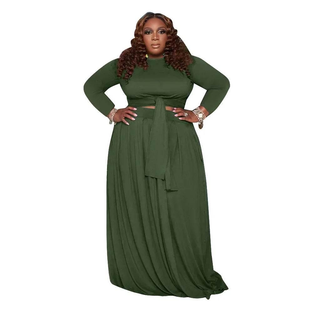 Fall 2024 Plus Size Women Clothing Skirt Two Piece Sets O Neck Long Sleeve - Empire P.E