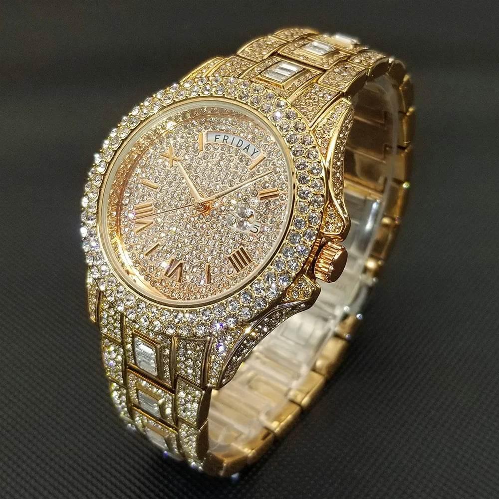 Luxury Shiny Diamond Watch For Men Hip Hop Trendy Iced Out Quartz Watches High Quality Stainless Steel Waterproof Day Date Clock - Empire P.E