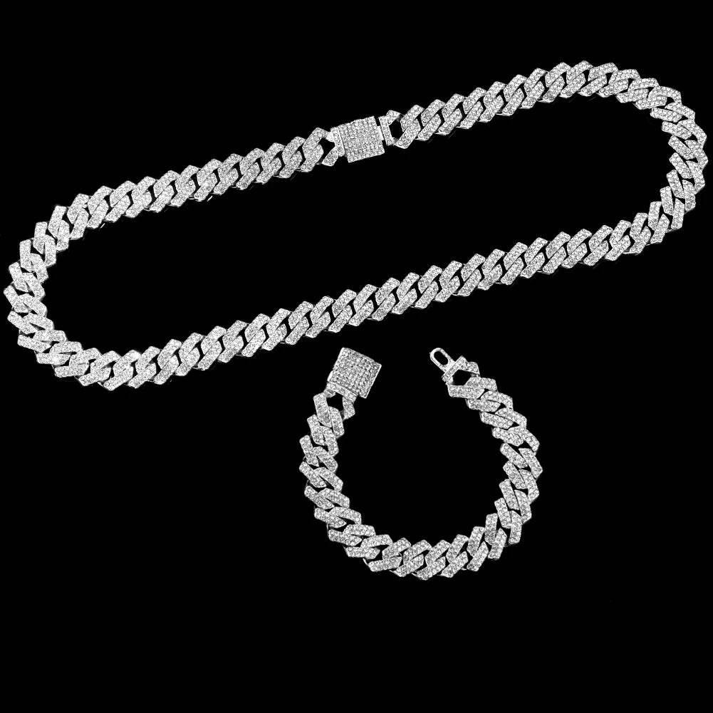 14MM Necklace+Watch+Bracelet Iced Out Watches For Men 2 Row Rhinestone Cuban Chain Necklace Set Women Men Hiphop Jewelry Gift - Empire P.E