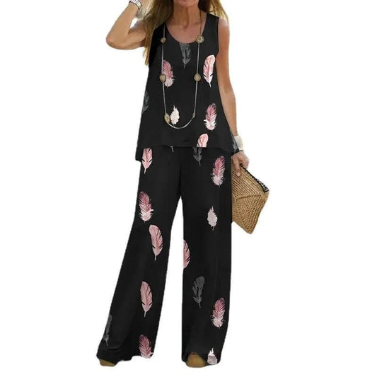 2023 Women 2 Piece Outfits Boho Casual Printed Vest Sleeveless Top Loose Wide Leg Pants Trousers Two Piece Set Elegant Suit - Empire P.E