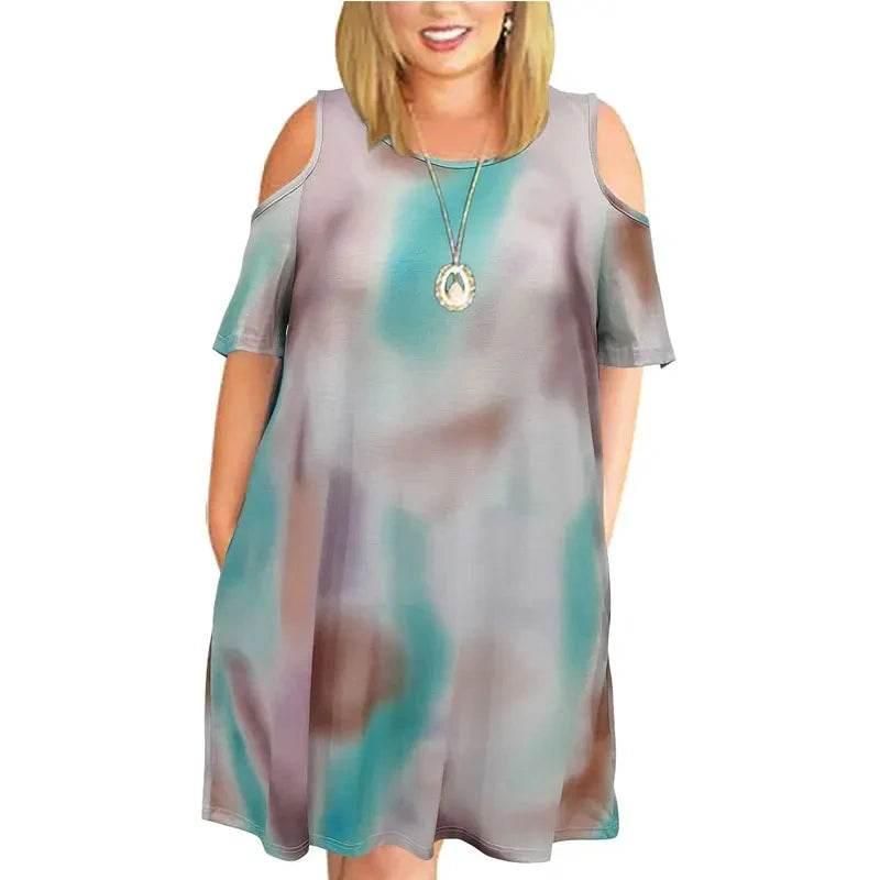 9XL Plus Size Cold Shoulder Dresses Summer Casual Loose Dress Short Sleeve Tie Dye Gradient 3D Print Sundress Large Size Dresses - Empire P.E
