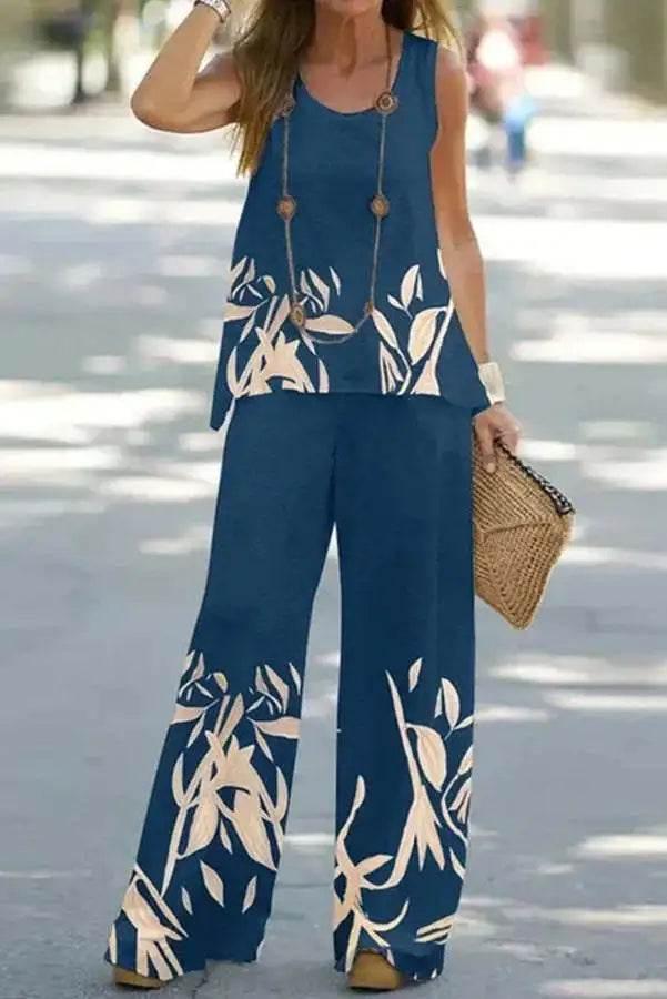 2023 Women 2 Piece Outfits Boho Casual Printed Vest Sleeveless Top Loose Wide Leg Pants Trousers Two Piece Set Elegant Suit - Empire P.E