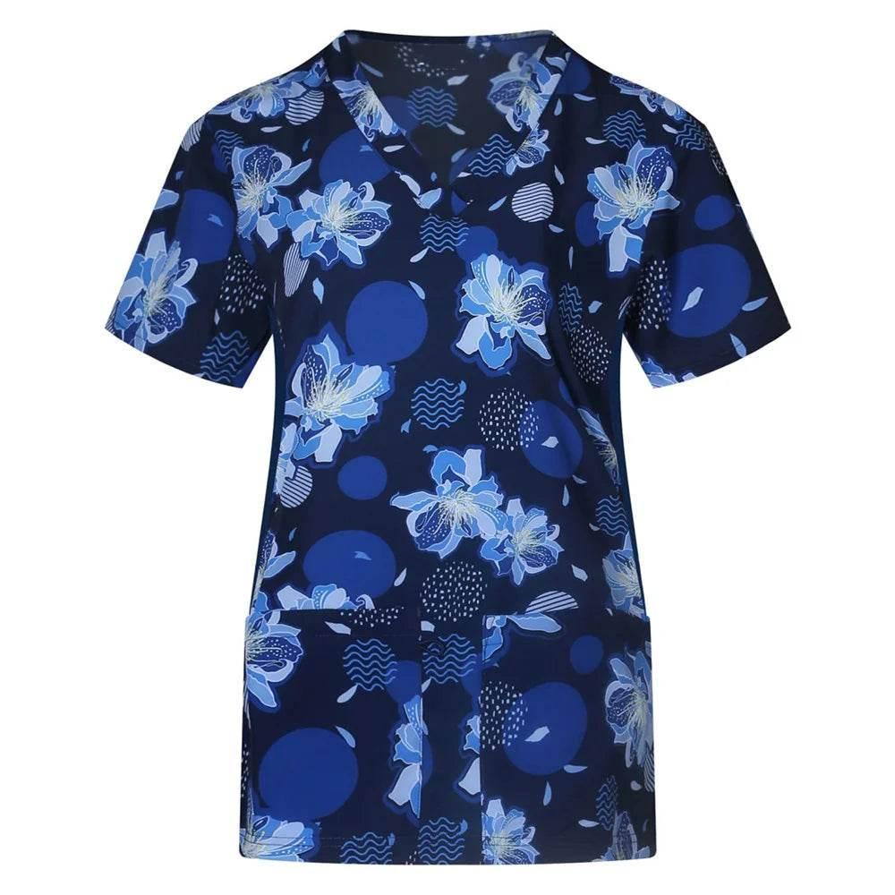 Ladies Nurse Uniform Short Sleeve V-neck Workwear Flower Print Working Uniform - Empire P.E