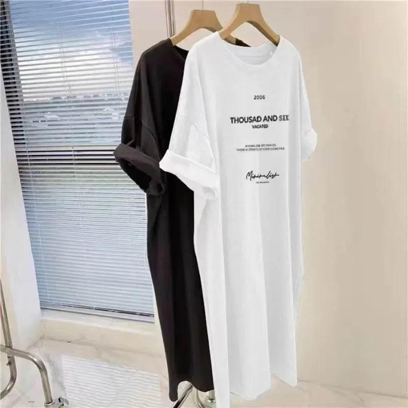 Plus Size Korean Style Women's Clothing Slimming Medium-length T-shirt Skirt Casual Long Dress Short Sleeves Summer Fashion - Empire P.E