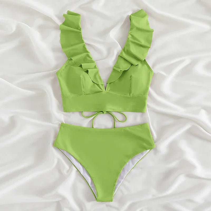 Riseado High Waist Bikinis Set Ruffle Shoulder Sexy Plunging Swimwear Women Bathing Suit Summer Beachwear - Empire P.E
