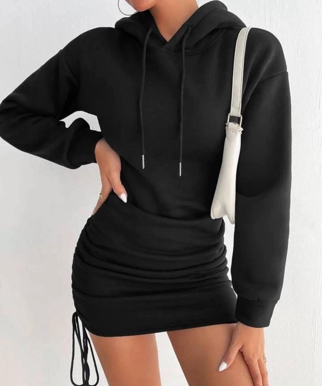 Autumn And Winter New Sexy Wind Drawstring Design Hooded Hip Long Sleeve Hoodie Dress Woman - Empire P.E