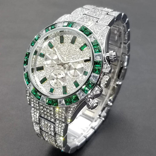 Hip Hop Calendar Watch For Men Stylsih Ice Out Green Diamond - Empire P.E