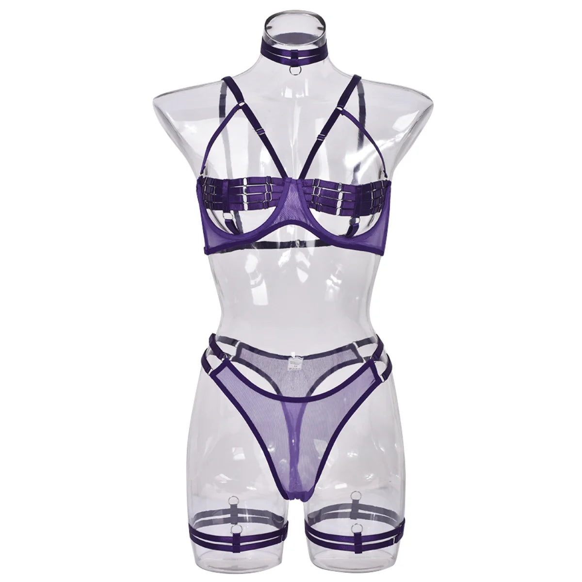 Yimunancy 4-Piece Bandage Erotic Set Women Choker Cut Out Solid Vintage Purple Sexy Lingerie Set Breif Kit - Empire P.E
