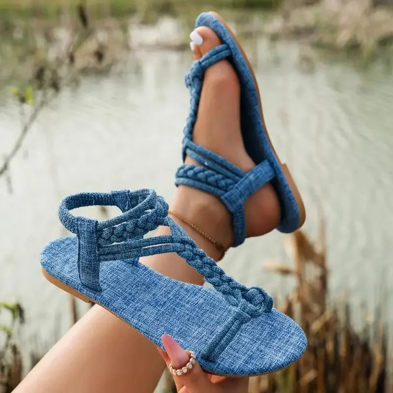 Fashion Weaving Roman Sandals for Women 2024 Summer New T-Strap Flat Sandles Woman Plus Size Comfort Non Slip Beach Shoes Ladies - Empire P.E