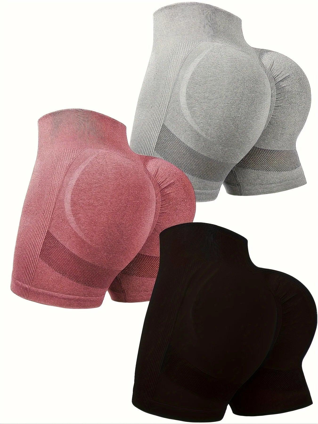 3-piece set of women's yoga wear high waist and high hips solid color casual sports shorts