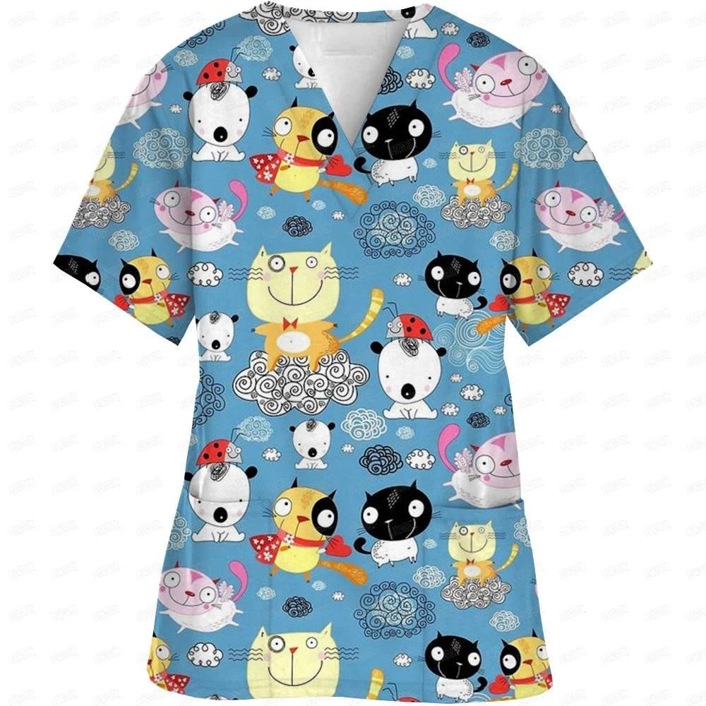 Women Easter Day Nurse Uniform Cartoon Print Short Sleeve V Neck - Empire P.E
