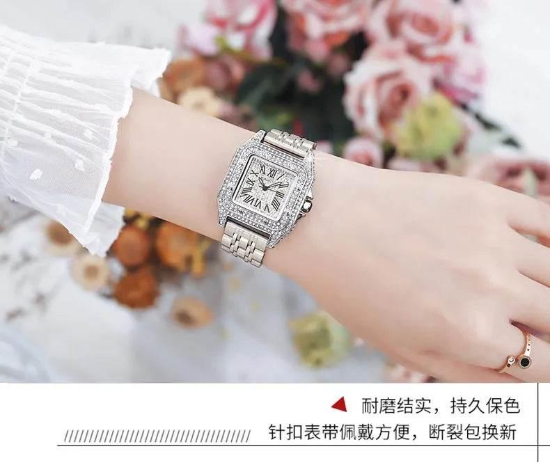 Ladies Dial Quartz Wristwatches Dress Clock Large square diamond-encrusted dial steel belt living waterproof quartz watch - Empire P.E