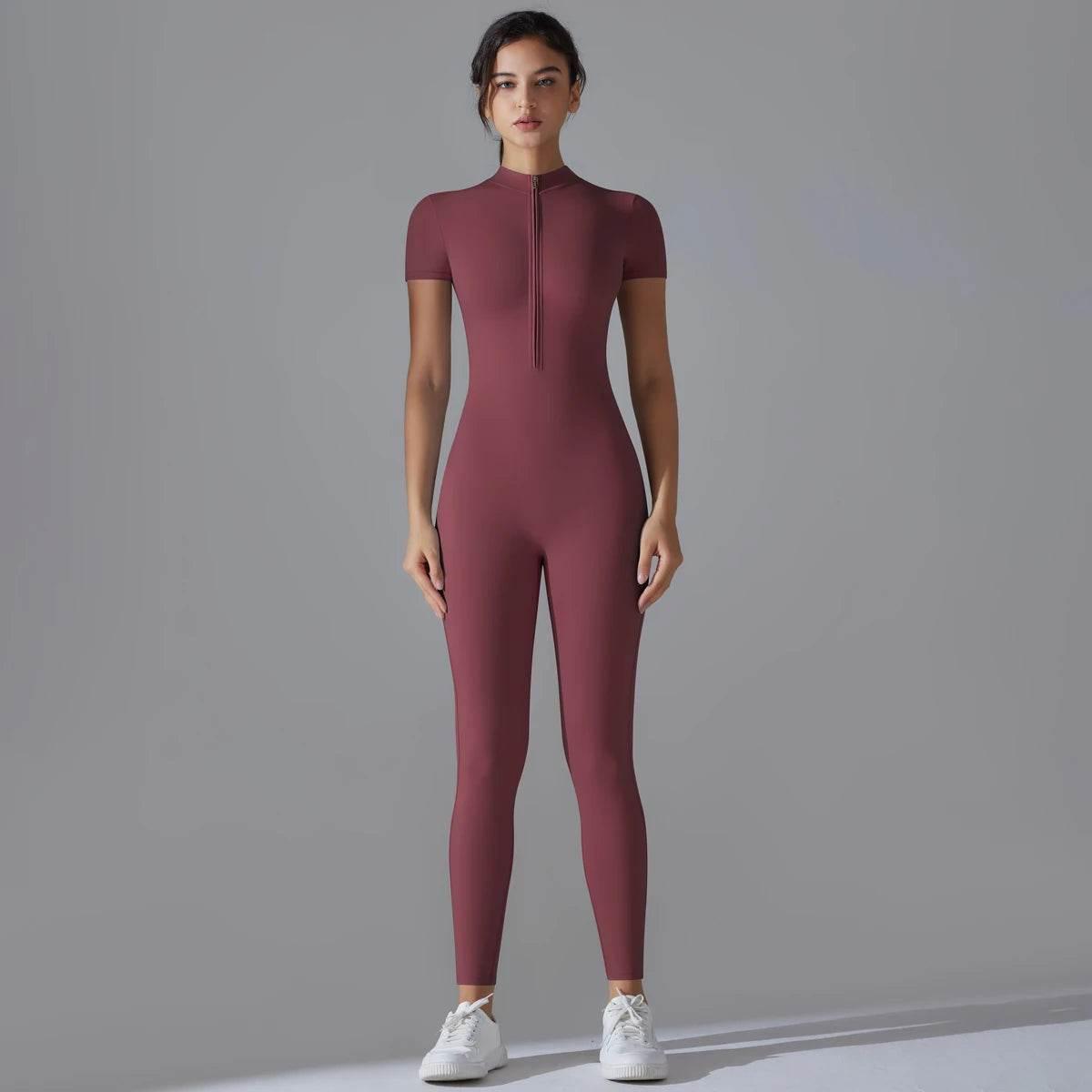 Yoga Set Women's Jumpsuits One-Piece Suit Zipper Short Sleeve Gym Push Up Workout Clothes Fitness Bodysuit Sportswear Tracksuit - Empire P.E