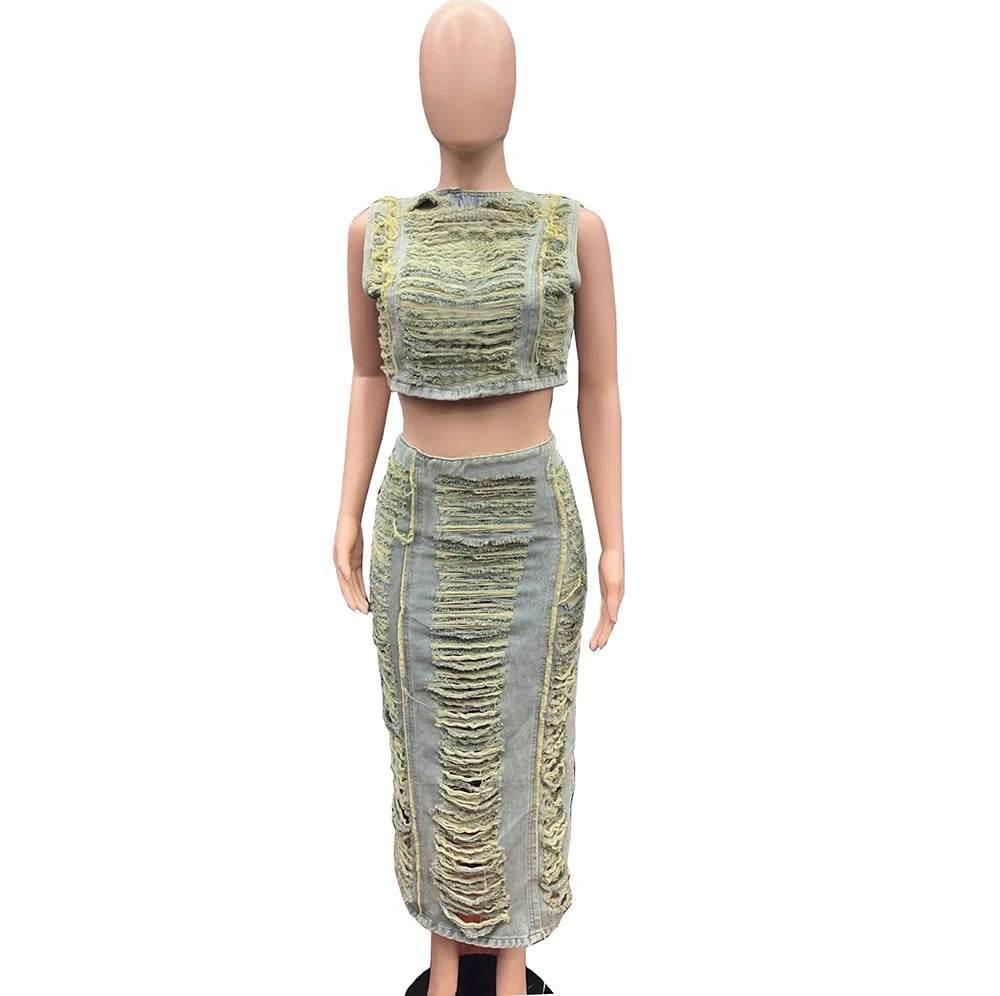 2 Piece Set Women 2024 Summer Sexy Club Tops And Maxi Skirt Sets High Waist Slit Skirt Mujer Matching Sets Denim Jacket Outfit - Empire P.E