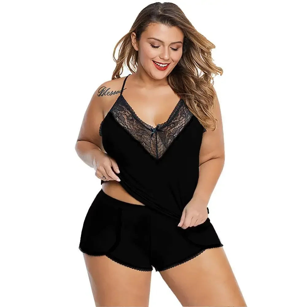 Plus Size Lace Camisole Tops+Short Pants - Empire P.E