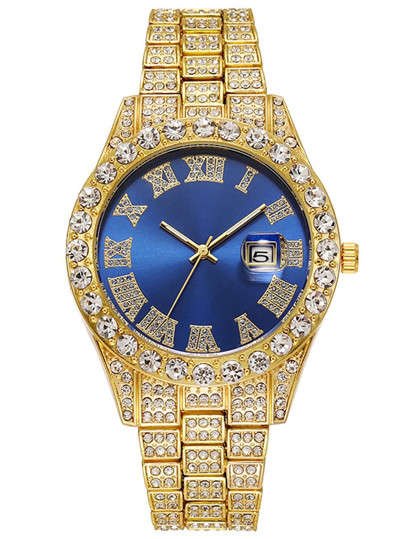 3PCS luxury alloy full diamond rhinestone mirror men's quartz watch with calendar and Hip Hop Cuban Necklace bracelet set - Empire P.E