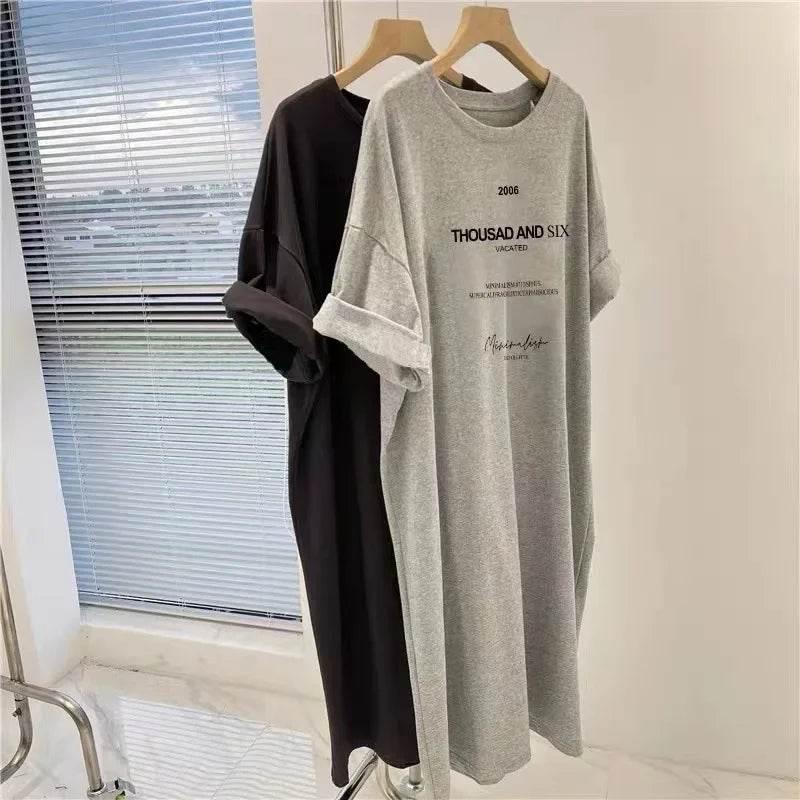 Plus Size Korean Style Women's Clothing Slimming Medium-length T-shirt Skirt Casual Long Dress Short Sleeves Summer Fashion - Empire P.E