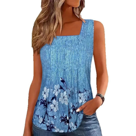 Plus Size Women's Summer T Shirts Casual Tank Sexy Vacation Print Shirts Women Beach Sleeveless Vest Fashion Pleated Tops 5XL - Empire P.E