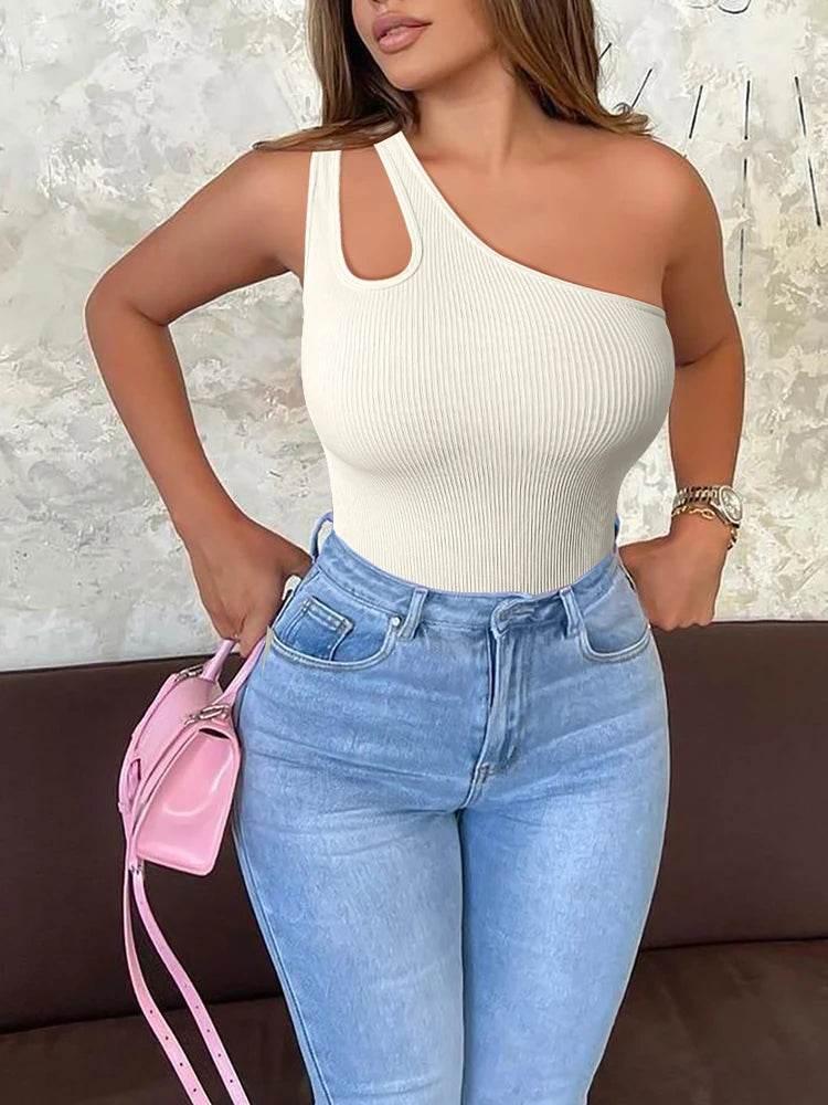 Women's Yoga Bodysuit Sleeveless Solid Color Sexy Fitness Workout Breathable One Shoulder Sport Tight Jumpsuit - Empire P.E