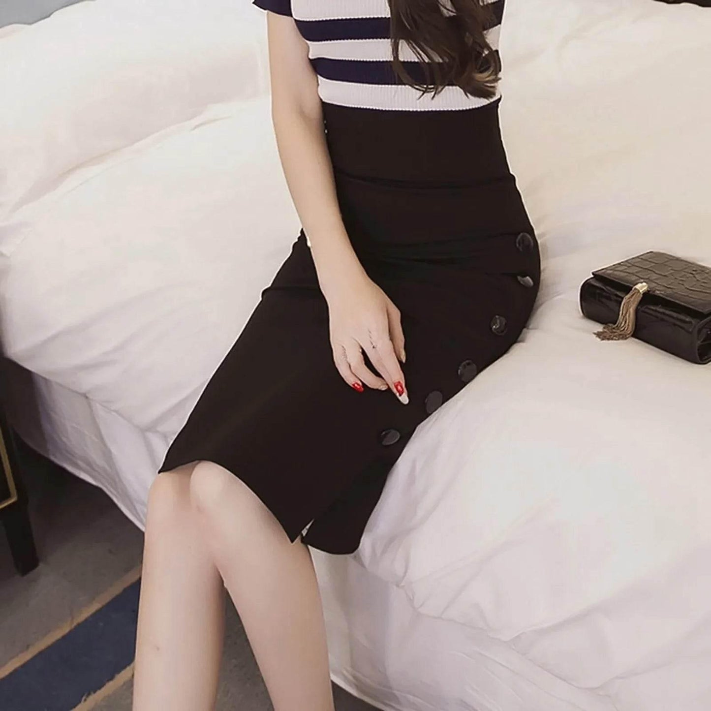 Women’s Black And Red Color Sexy Slim Fit High Waist Dress With Buttons Ladies High Street Fashion Hip Wrap Pencil Half Skirt - Empire P.E
