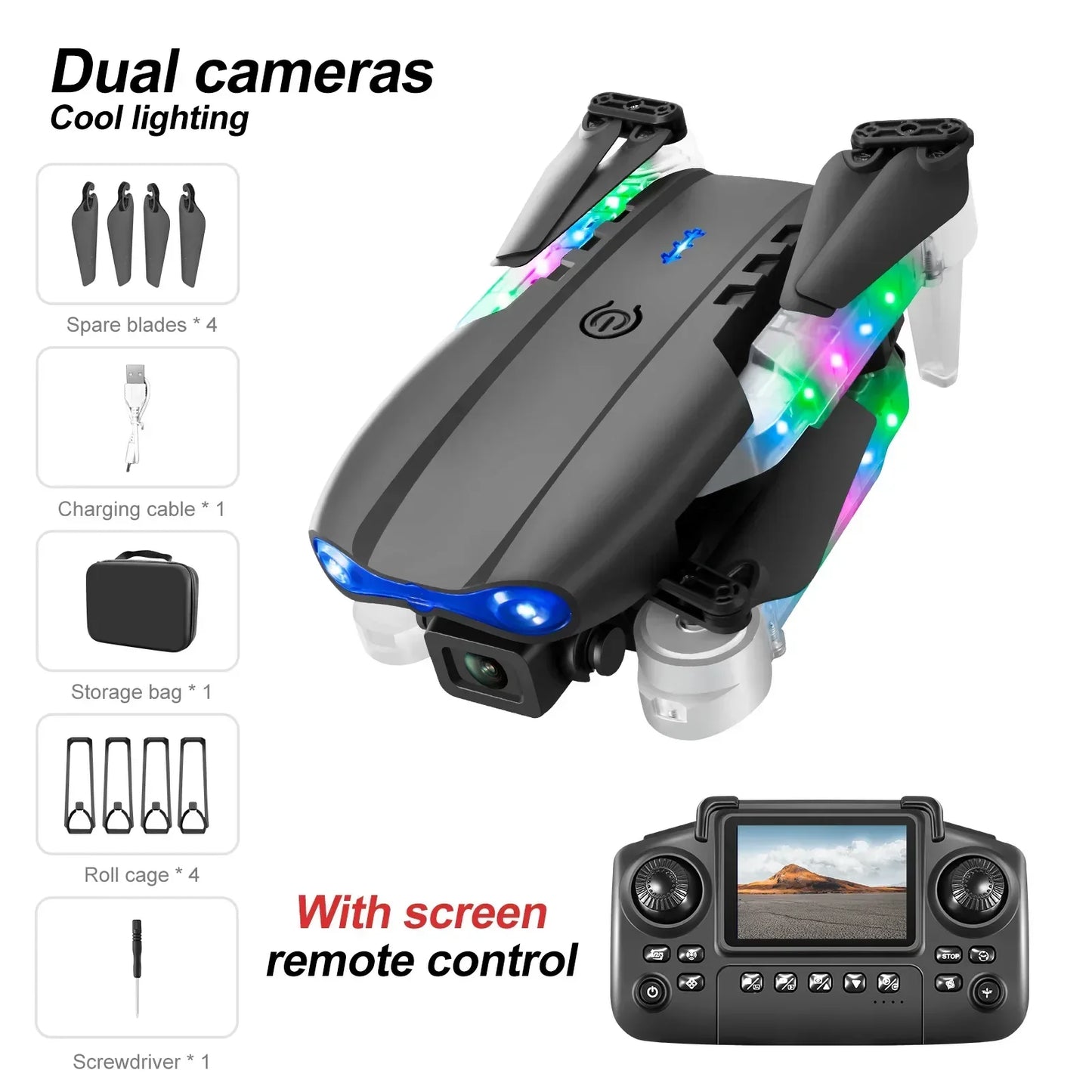 Black E88E99 GT Lighting Big Screen Control Mini Drone Dual Camera - Empire P.E