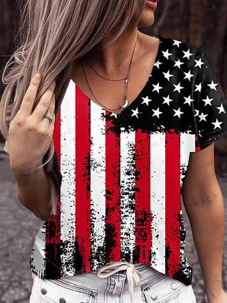 American Flag 3d Print T-shirt Women Fashion V-Neck T-shirts Short Sleeve Tops Tees Loose Casual Tees Vintage Camisetas USA Flag - Empire P.E