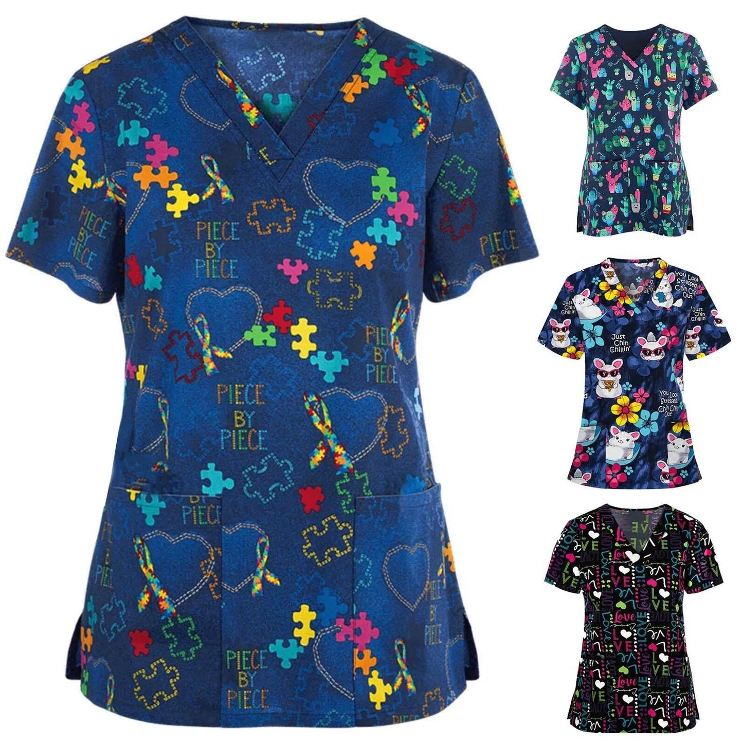 Women Working Uniform Animal Print Cartoon Cat Dog Short Sleeve V-neck Tops - Empire P.E