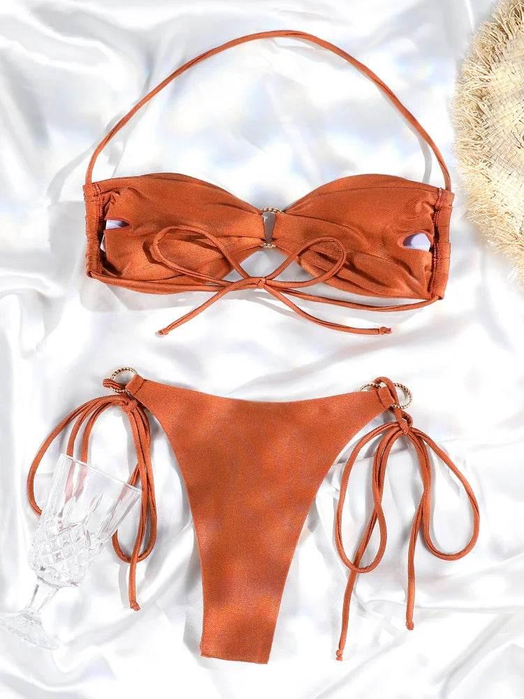 Solid Color Bikinis Push Up Swimwear Women Halter Bikini Set - Empire P.E