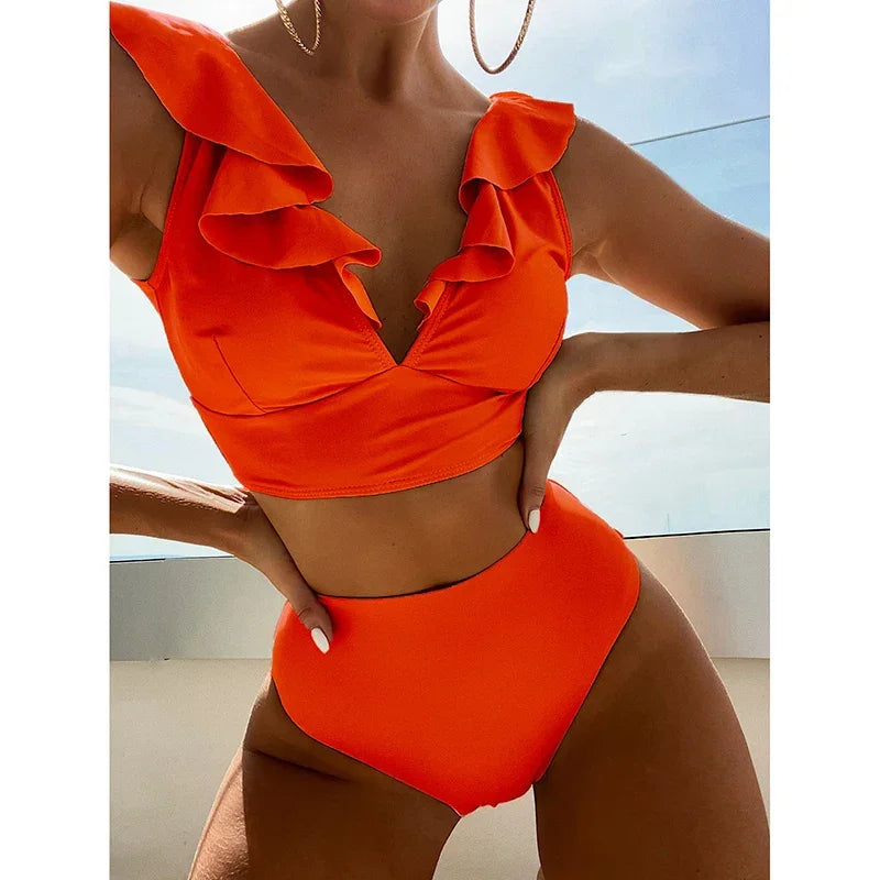 Riseado High Waist Bikinis Set Ruffle Shoulder Sexy Plunging Swimwear Women Bathing Suit Summer Beachwear - Empire P.E