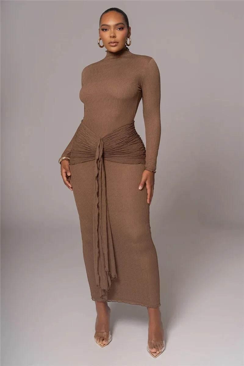 Mozision Elegant Long Sleeve Sexy Maxi Dress For Women Gown Fashion Drape Turtleneck Ruched Bodycon Club Party Long Dress - Empire P.E