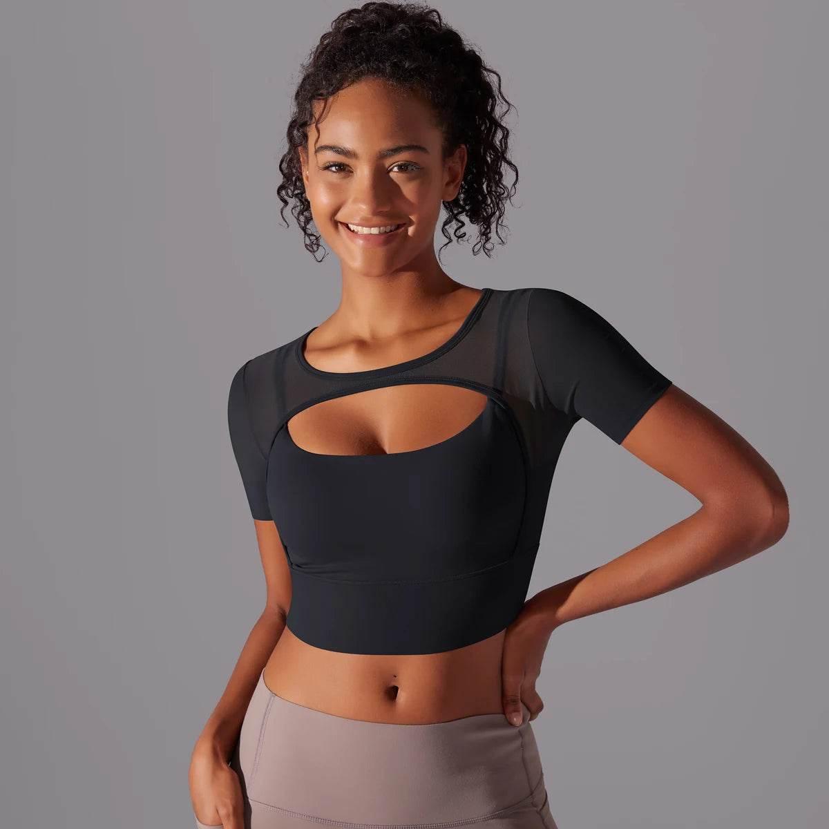 Solid Color Yoga Short Sleeve Sexy Double Layer Yoga Tank Top Spliced Mesh Yoga Clothing Top Fitness Running Sports Bra Women - Empire P.E