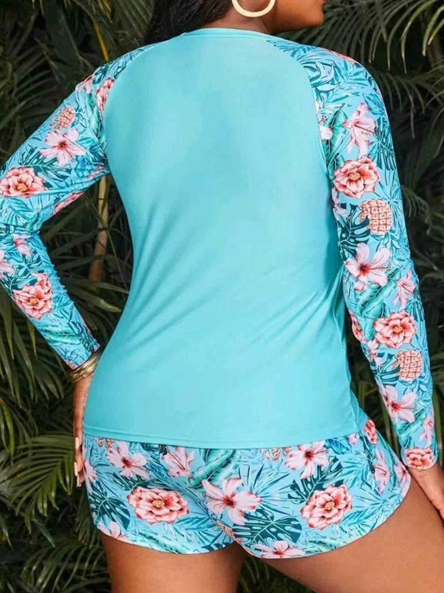2025 Tropical Long Sleeve Swimsuit Women Plus Large Size Swimwear XL-4XL - Empire P.E