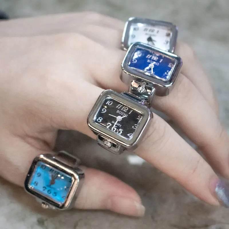 Vintage Punk Finger Watch Mini Elastic Strap Alloy Watches Couple Rings Jewelry Clock Retro Roman Quartz Watch Rings Women Men - Empire P.E