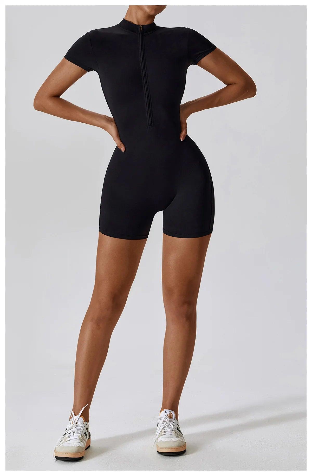 Yoga Set Women's One-Piece Suit Zipper Short Sleeve Gym Push Up Workout Clothes Fitness Short Bodysuit Sportswear Jumpsuits - Empire P.E