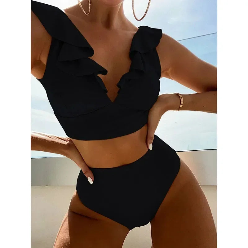 Riseado High Waist Bikinis Set Ruffle Shoulder Sexy Plunging Swimwear Women Bathing Suit Summer Beachwear - Empire P.E