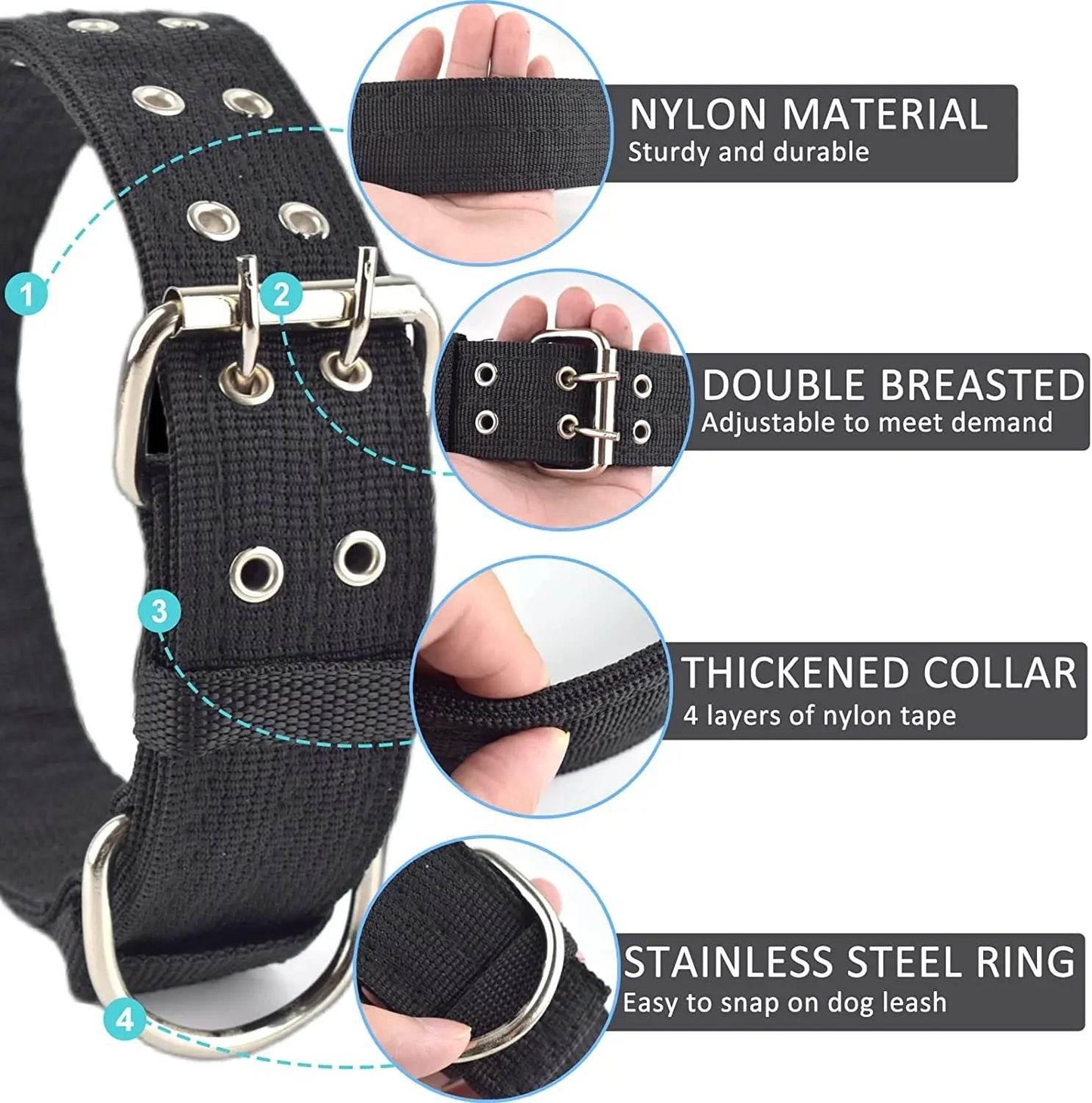 Heavy Duty Wide Military Thick Dog Collars for Large Dogs Adjustable Strong Nylon Tactical Pet Collar with 2-Rows Metal Buckle - Empire P.E