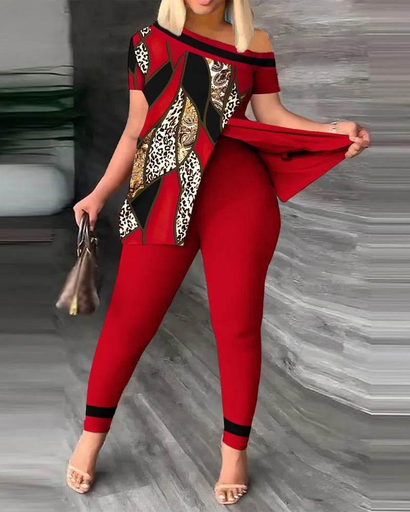 Elegant Women Two Piece Set Suits New Fashion Printed Ruffle Sleeve Top Solid Color Pants Set With Belt Blouses Female Clothing - Empire P.E