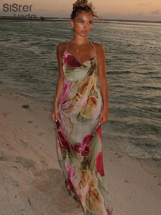 Sisterlinda Autumn Release Junior Ankle-Length Sexy High Street Dress K24D57158Girl Printing Slim Cleavage Backless Fashion Robe - Empire P.E