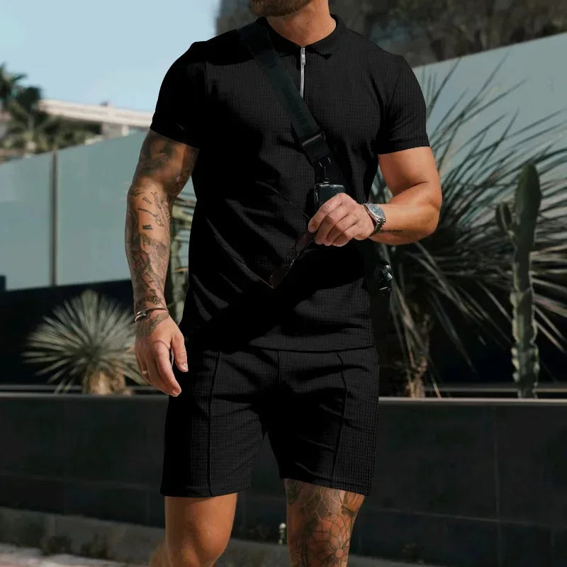 Summer New Men's Suit Fashion Printing Lapel Zipper 2 Piece Set - Empire P.E