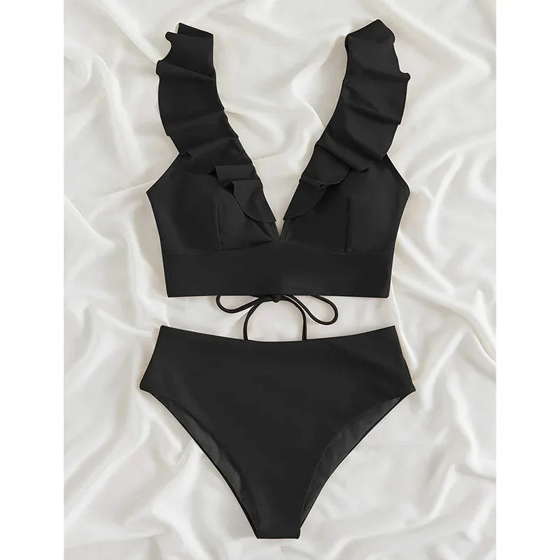 Riseado High Waist Bikinis Set Ruffle Shoulder Sexy Plunging Swimwear Women Bathing Suit Summer Beachwear - Empire P.E